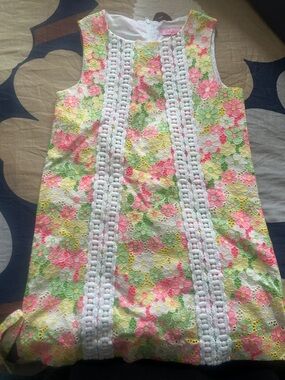 Girls Floral Crochet-Trim Sleeveless Dress - Pink, Yellow & Green